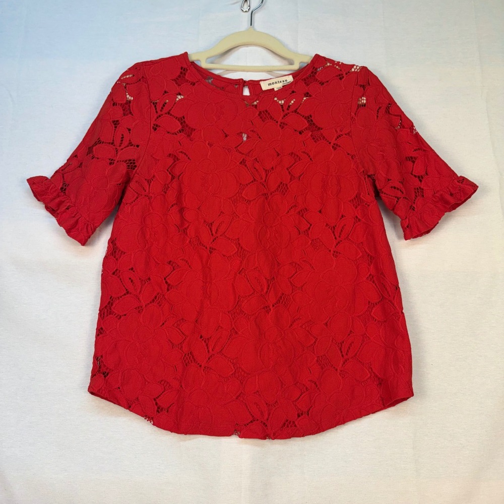 Monteau Los Angeles Womens Red Floral Lace Ruffle Short Sleeve Blouse Small